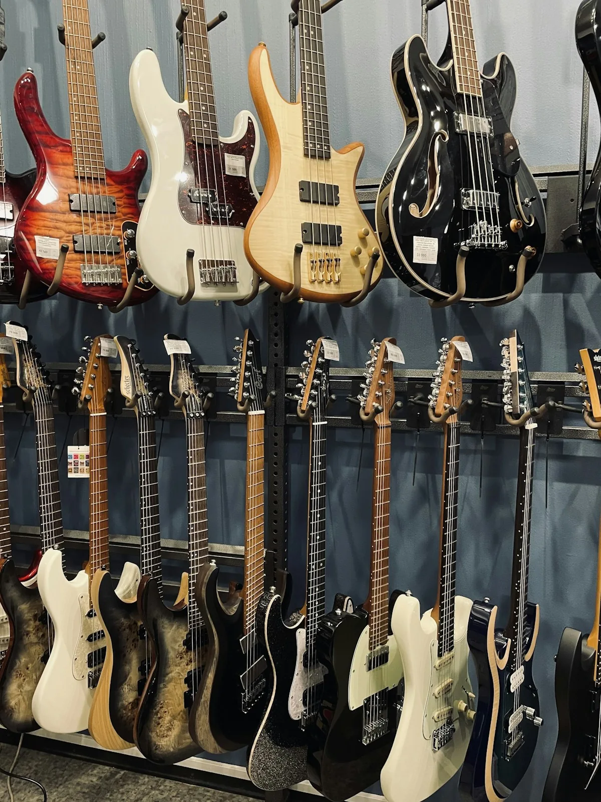 a display of guitars in a music store