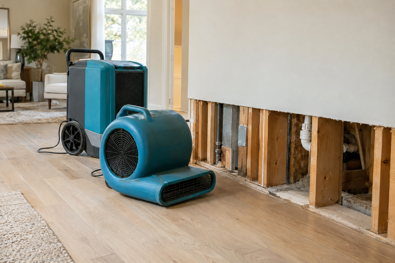 Professional floor drying equipment beside an opened wall during water damage restoration